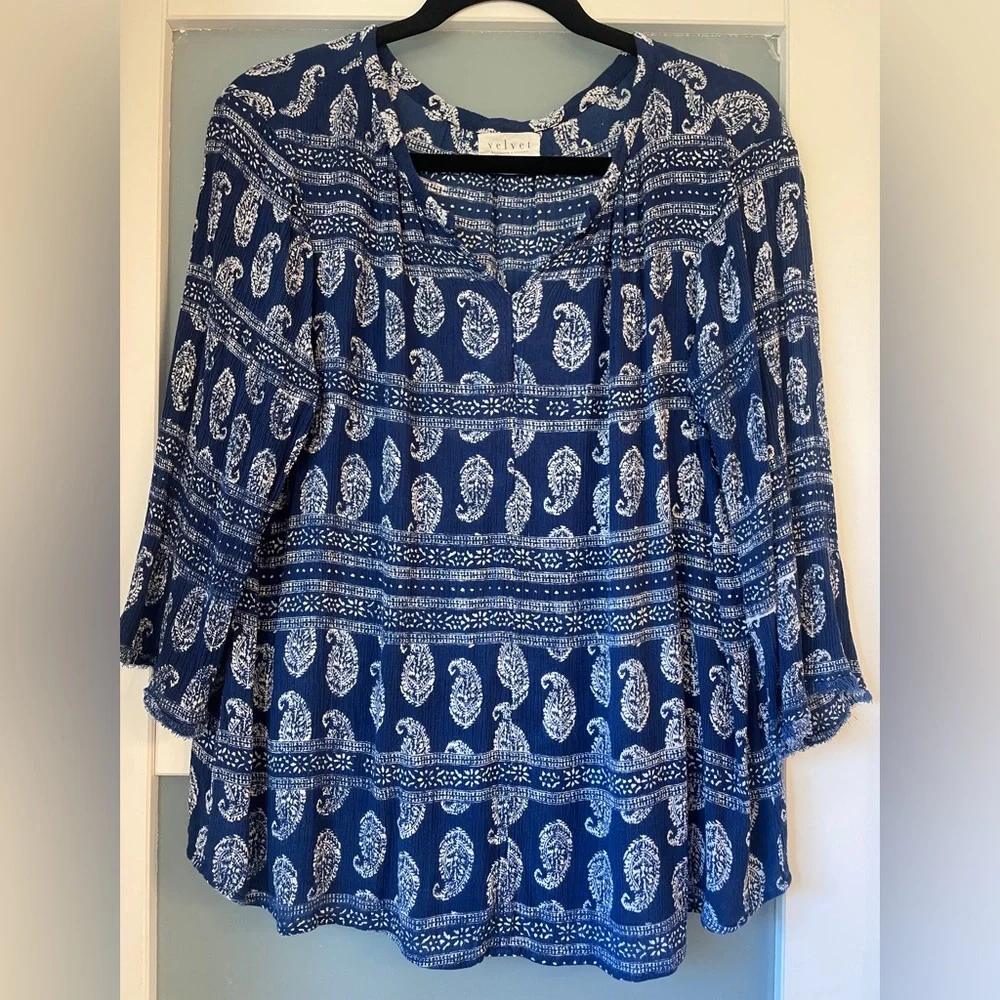Velvet Blue and White Paisley Top